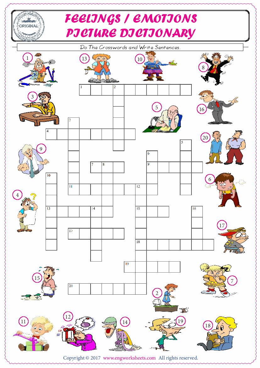  ESL printable worksheet for kids, supply the missing words of the crossword by using the Feelings Emotions picture. 